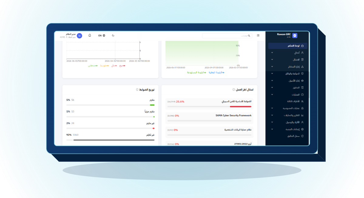 واجهة منصة روام GRC على شاشة عرض